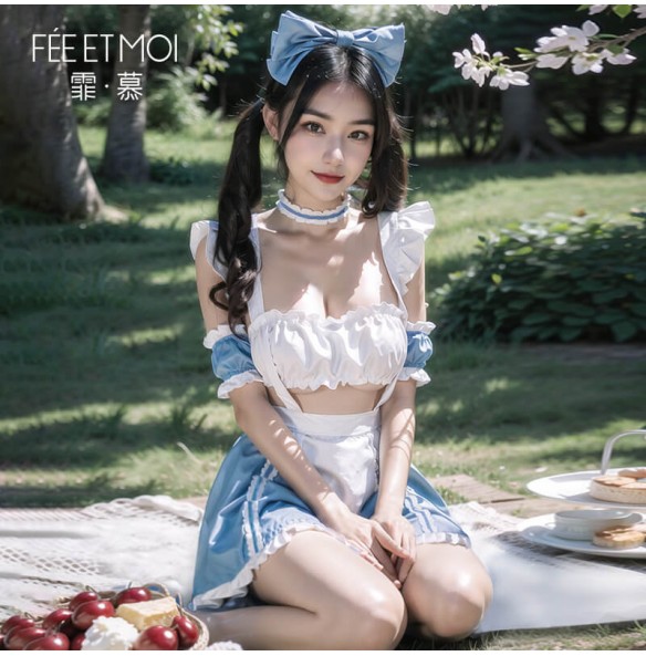 FEE ET MOI - Ruched Sweetheart Maid Outfit With Stockings (Blue - White)
